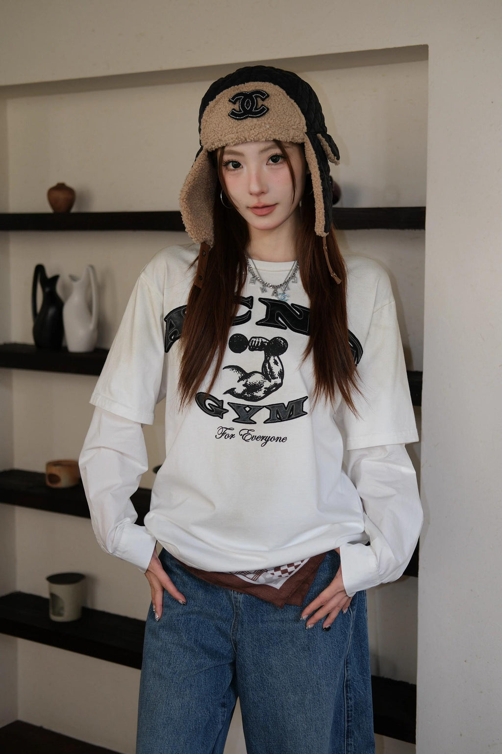 2026 New GS Distressed Logo Faux Two-Piece Long Sleeve (25286-A90)