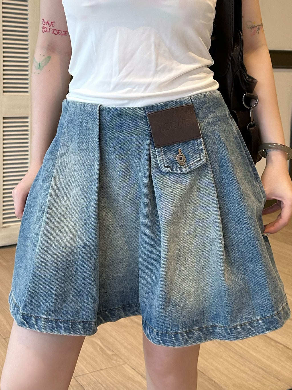 2026 Women’s GS Leather Denim Mini Skirt (EE417)