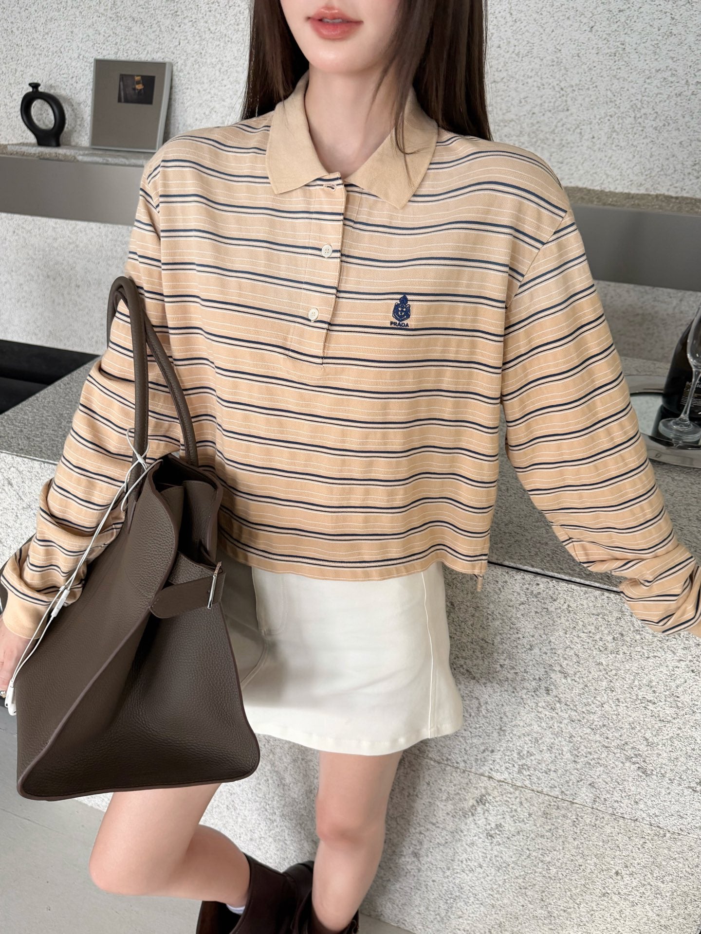 2026 Women's GS Logo Striped Long-Sleeve Polo Shirt (FF753)
