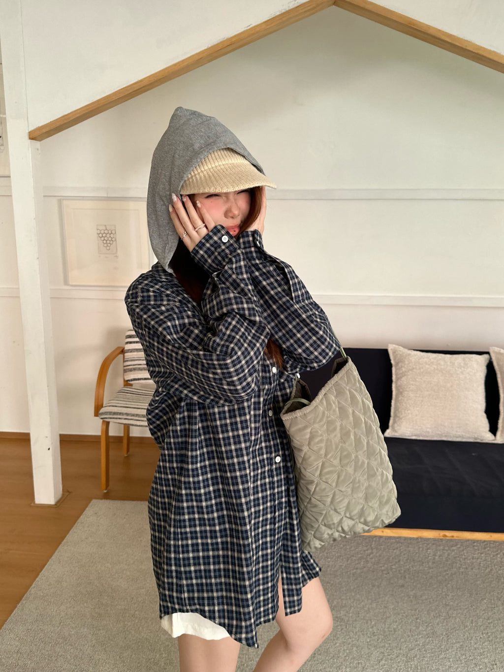 2026 Women's GS Check Pattern Hooded Coat (EE453)