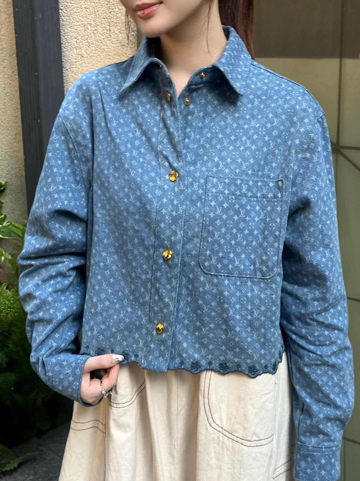 2026 Women's GS Label Full Print Denim Short Shirt (EE454)